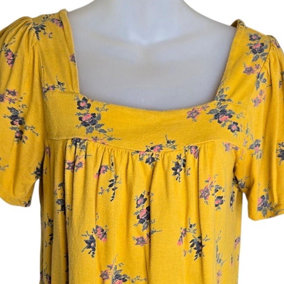 Lucky Brand Floral Knit Top Small Mustard Yellow Cottagecore Short Sleeve - Picture 2 of 5